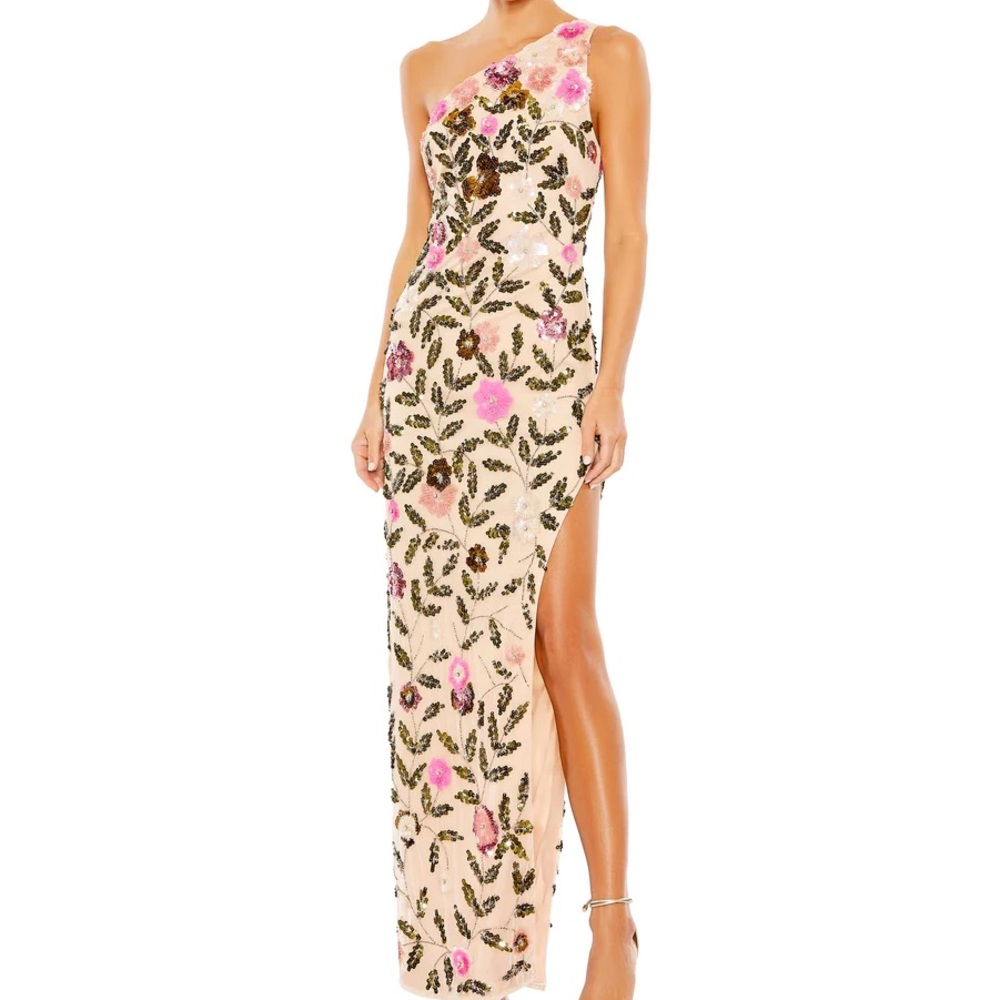 Nearly new! MaDuggal floral sequined one shoulder column gown. Sold out online!